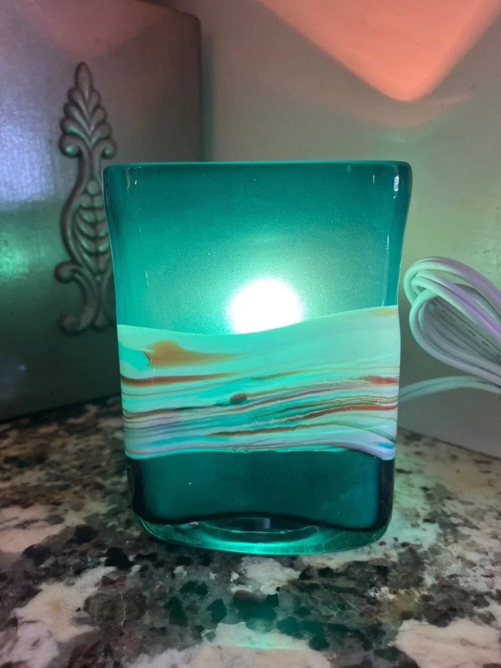 Hand-Blown Glass Teal & Multicolor Electric Candle Warmer Lamp 120V